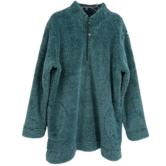 Soft Surroundings Green Fleece Pullover Size Large Oversized 1/4 Zip Mock Neck - Picture 1 of 9